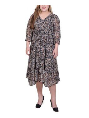 NY Collection Plus Size 1X Polyester Brown 3/4 Sleeve V-Neck Flounced Dress $60